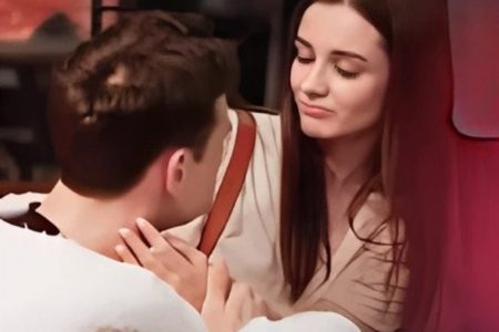 giant teddy bear surprise on bed as woman looks shocked