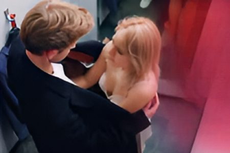 runaway bride hidden under jacket in fitting room